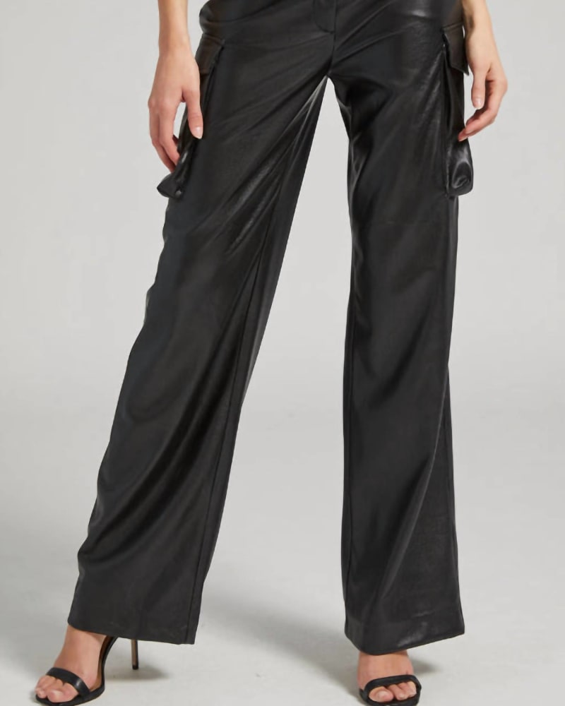 Front of a model wearing a size 10 Nate Vegan Leather Cargo Pants In Black in Black by Generation Love. | dia_product_style_image_id:358473